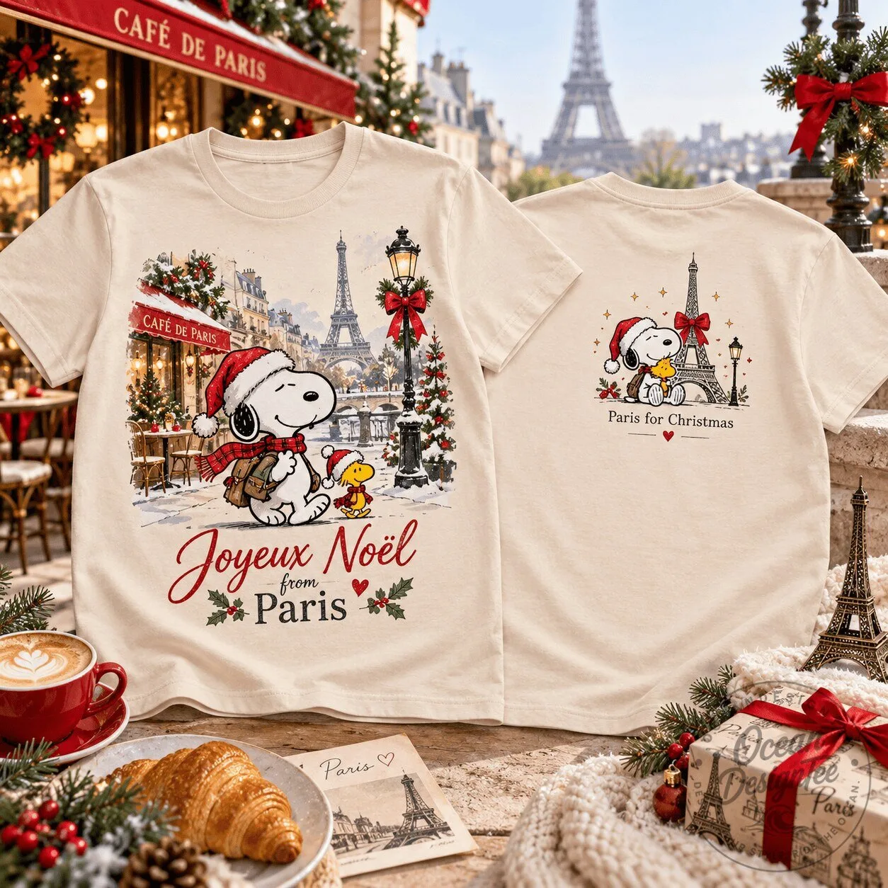 Snoopy and Woodstock Joyeux Noël from Paris Christmas T-Shirt