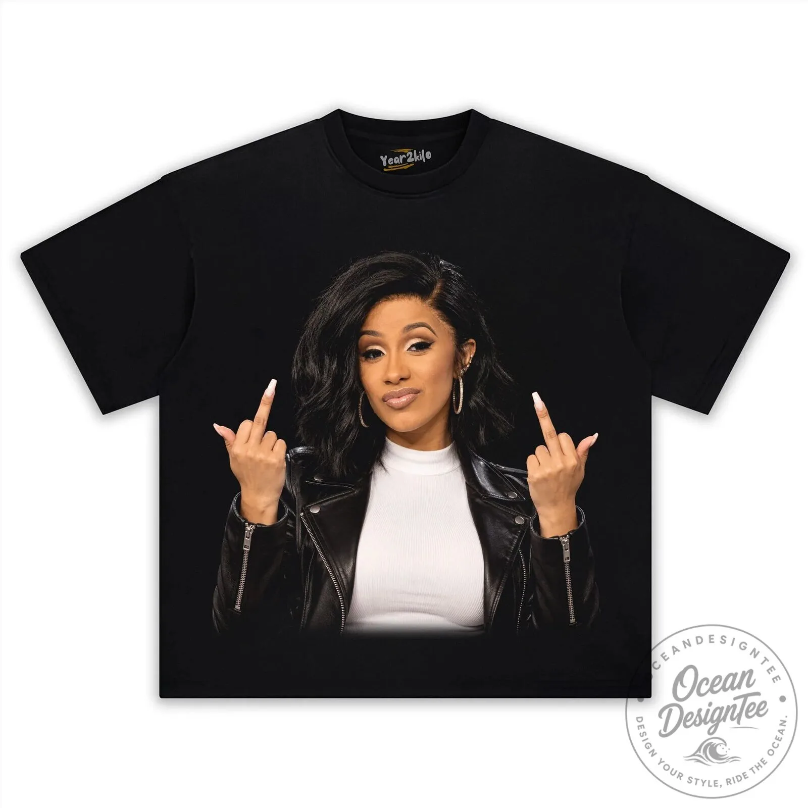Cardi B Middle Finger Pose Black T-Shirt