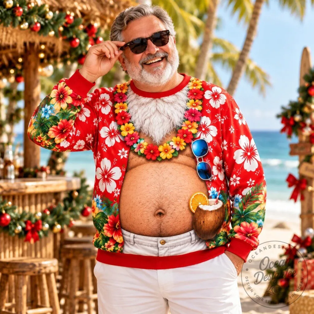 Funny Tropical Santa Belly Christmas Ugly Holiday Sweatshirt Funny Tropical Santa Belly Christmas Ugly Holiday Sweatshirt